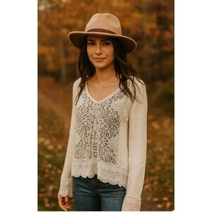 Free People Crop V Neck Sweater Wool Angora Alpaca Blend Lace Trim White M